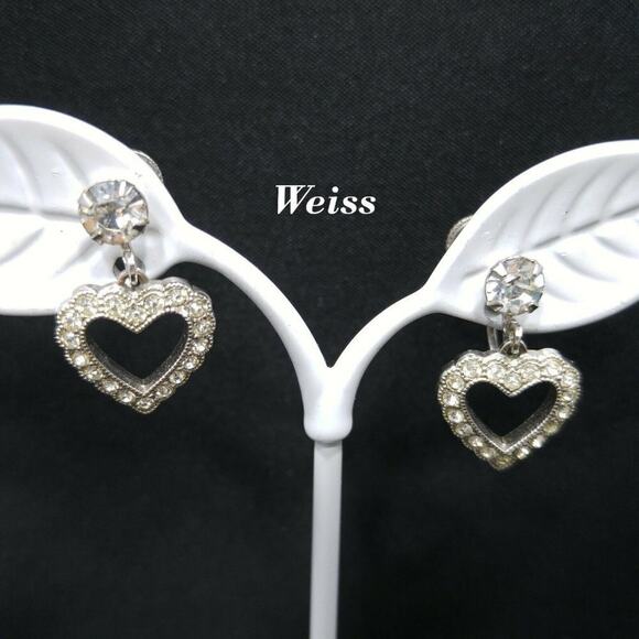 Vintage Weiss Rhinestone Heart Earrings, Screw Back, Mid-Century Vintage Jewelry - Picture 1 of 8
